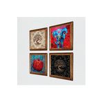 Pinecone Fil, Hayat Ağacı, Nar Taş Duvar Tablosu - Ahşap Çerçeveli Taş Tablo - 25x25 cm - 4 Parça Set - Dekoratif Duvar Sanatı - Modern Ev ve Ofis Duvar Dekoru W4-851