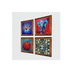 Pinecone Fil, Hayat Ağacı, Nar Taş Duvar Tablosu - Ahşap Çerçeveli Taş Tablo - 25x25 cm - 4 Parça Set - Dekoratif Duvar Sanatı - Modern Ev ve Ofis Duvar Dekoru W4-870