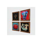 Pinecone Fil, Hayat Ağacı, Şahmeran, Nar Taş Duvar Tablosu - Ahşap Çerçeveli Taş Tablo - 25x25 cm - 4 Parça Set - Dekoratif Duvar Sanatı - Modern Ev ve Ofis Duvar Dekoru W4-855