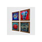 Pinecone Fil, Nazar, Hayat Ağacı, Nar Taş Duvar Tablosu - Ahşap Çerçeveli Taş Tablo - 25x25 cm - 4 Parça Set - Dekoratif Duvar Sanatı - Modern Ev ve Ofis Duvar Dekoru W4-866