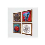 Pinecone Fil, Sri Yantra, Yaşam Çiçeği, Nar Taş Duvar Tablosu - Ahşap Çerçeveli Taş Tablo - 25x25 cm - 4 Parça Set - Dekoratif Duvar Sanatı - Modern Ev ve Ofis Duvar Dekoru W4-853