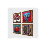 Pinecone Fil, Yaşam Çiçeği, Nar Ağacı, Nar Taş Duvar Tablosu - Ahşap Çerçeveli Taş Tablo - 25x25 cm - 4 Parça Set - Dekoratif Duvar Sanatı - Modern Ev ve Ofis Duvar Dekoru W4-880