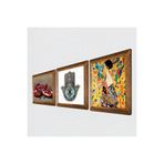 Pinecone Gustav Klimt Yelpazeli Kadın, Nar, Fatma Ana Eli (Hamsa) Taş Duvar Tablosu - Ahşap Çerçeveli Taş Tablo - 25x25 cm - 3 Parça Set - Dekoratif Duvar Sanatı - Modern Ev Duvar Dekoru W3-770
