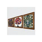 Pinecone Hayat Ağacı, Yaşam Çiçeği, Nar Ağacı Taş Duvar Tablosu - Ahşap Çerçeveli Taş Tablo - 25x25 cm - 3 Parça Set - Dekoratif Duvar Sanatı - Modern Ev ve Ofis Duvar Dekoru W3-344