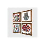 Pinecone Lale, Nar Ağacı, Fatma Ana Eli (Hamsa) Taş Duvar Tablosu - Ahşap Çerçeveli Taş Tablo - 25x25 cm - 4 Parça Set - Dekoratif Duvar Sanatı - Modern Ev ve Ofis Duvar Dekoru W4-709