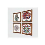 Pinecone Lale, Sri Yantra, Nar Ağacı, Fatma Ana Eli (Hamsa) Taş Duvar Tablosu - Ahşap Çerçeveli Taş Tablo - 25x25 cm - 4 Parça Set - Dekoratif Duvar Sanatı - Modern Ev ve Ofis Duvar Dekoru W4-1015