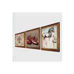 Pinecone Leonardo da Vinci At Heykeli, Hayat Ağacı, Nar Taş Duvar Tablosu - Ahşap Çerçeveli Taş Tablo - 25x25 cm - 3 Parça Set - Dekoratif Duvar Sanatı - Modern Ev ve Ofis Duvar Dekoru W3-901