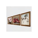 Pinecone Leonardo da Vinci At Heykeli, Kelebekli Çiçek, Nar Taş Duvar Tablosu - Ahşap Çerçeveli Taş Tablo - 25x25 cm - 3 Parça Set - Dekoratif Duvar Sanatı - Modern Ev ve Ofis Duvar Dekoru W3-1204