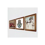 Pinecone Leonardo da Vinci At Heykeli, Nar, Fatma Ana Eli (Hamsa) Taş Duvar Tablosu - Ahşap Çerçeveli Taş Tablo - 25x25 cm - 3 Parça Set - Dekoratif Duvar Sanatı - Modern Ev Duvar Dekoru W3-707