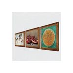 Pinecone Lotus Çiçeği, Leonardo da Vinci At Heykeli, Nar Taş Duvar Tablosu - Ahşap Çerçeveli Taş Tablo - 25x25 cm - 3 Parça Set - Dekoratif Duvar Sanatı - Modern Ev ve Ofis Duvar Dekoru W3-1320