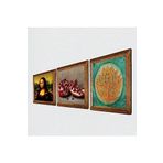 Pinecone Lotus Çiçeği, Leonardo da Vinci Mona Lisa, Nar Taş Duvar Tablosu - Ahşap Çerçeveli Taş Tablo - 25x25 cm - 3 Parça Set - Dekoratif Duvar Sanatı - Modern Ev ve Ofis Duvar Dekoru W3-1429