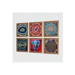 Pinecone Mandala, Fil, Nazar, Yaşam Çiçeği Taş Duvar Tablosu - Ahşap Çerçeveli Taş Tablo - 25x25 cm - 6 Parça Set - Dekoratif Duvar Sanatı - Modern Ev ve Ofis Duvar Dekoru W6-41
