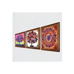 Pinecone Mandala, Hayat Ağacı, Nar Ağacı Taş Duvar Tablosu - Ahşap Çerçeveli Taş Tablo - 25x25 cm - 3 Parça Set - Dekoratif Duvar Sanatı - Modern Ev ve Ofis Duvar Dekoru W3-387