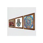 Pinecone Mandala, Nar, Fatma Ana Eli (Hamsa) Taş Duvar Tablosu - Ahşap Çerçeveli Taş Tablo - 25x25 cm - 3 Parça Set - Dekoratif Duvar Sanatı - Modern Ev ve Ofis Duvar Dekoru W3-756
