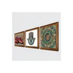 Pinecone Mandala, Nar, Fatma Ana Eli (Hamsa) Taş Duvar Tablosu - Ahşap Çerçeveli Taş Tablo - 25x25 cm - 3 Parça Set - Dekoratif Duvar Sanatı - Modern Ev ve Ofis Duvar Dekoru W3-758