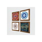 Pinecone Mandala, Nazar, Sri Yantra Taş Duvar Tablosu - Ahşap Çerçeveli Taş Tablo - 25x25 cm - 4 Parça Set - Dekoratif Duvar Sanatı - Modern Ev ve Ofis Duvar Dekoru W4-1005
