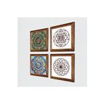 Pinecone Mandala, Yaşam Çiçeği, Sri Yantra Taş Duvar Tablosu - Ahşap Çerçeveli Taş Tablo - 25x25 cm - 4 Parça Set - Dekoratif Duvar Sanatı - Modern Ev ve Ofis Duvar Dekoru W4-713