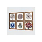 Pinecone Nazar, Yaşam Çiçeği, Sri Yantra, Nar Ağacı, Fatma Ana Eli (Hamsa) Taş Duvar Tablosu - Ahşap Çerçeveli Taş Tablo - 25x25 cm - 6 Parça Set - Dekoratif Duvar Sanatı - Ev Duvar Dekoru W6-71