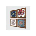 Pinecone Nazar, Yaşam Çiçeği, Sri Yantra, Nar Ağacı Taş Duvar Tablosu - Ahşap Çerçeveli Taş Tablo - 25x25 cm - 4 Parça Set - Dekoratif Duvar Sanatı - Modern Ev ve Ofis Duvar Dekoru W4-1020