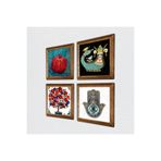 Pinecone Şahmeran, Nar Ağacı, Nar, Fatma Ana Eli (Hamsa) Taş Duvar Tablosu - Ahşap Çerçeveli Taş Tablo - 25x25 cm - 4 Parça Set - Dekoratif Duvar Sanatı - Modern Ev ve Ofis Duvar Dekoru W4-26