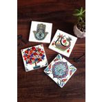 Pinecone SC186 Stone Coasters Şahmeran Çini Sanatı Nar Ağacı Fatma Ana Eli Hamsa 4 Parça 10x10 cm Masaüstü Taş Bardak Altlığı