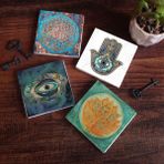 Pinecone SC211 Stone Coasters Nazar Yaşam Çiçeği Lotus Çiçeği Fatma Ana Eli Hamsa 4 Parça 10x10 cm Masaüstü Taş Bardak Altlığı