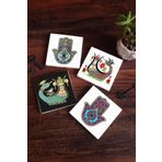 Pinecone SC226 Stone Coasters Şahmeran Fatma Ana Eli Hamsa 4 Parça 10x10 cm Masaüstü Taş Bardak Altlığı