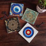 Pinecone SC393 4 Parça Set 10x10 cm Stone Coasters Nazar Yaşam Çiçeği Sri Yantra Taş Bardak Altlığı Masaüstü Koruyucu Altlık