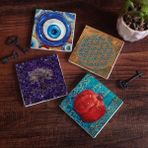 Pinecone SC464 4 Parça Set 10x10 cm Stone Coasters Nazar Yaşam Çiçeği Hayat Ağacı Nar Taş Bardak Altlığı Masaüstü Koruyucu Altlık