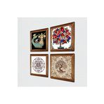 Pinecone Sri Yantra, Şahmeran, Hayat Ağacı, Nar Ağacı Taş Duvar Tablosu - Ahşap Çerçeveli Taş Tablo - 25x25 cm - 4 Parça Set - Dekoratif Duvar Sanatı - Modern Ev ve Ofis Duvar Dekoru W4-1013