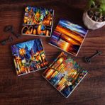 Pinecone Stone Deniz Manzarası, Köprü Manzarası, Sokak Manzarası, Fenerler Taş Bardak Altlığı – 4’lü Set, 10x10 cm Dekoratif Masaüstü Koruyucu Doğaltaş Altlık |SC265|