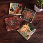 Pinecone Stone Desen, Satranç Oyunu, İki Müzisyen Kız Taş Bardak Altlığı – 4’lü Set, 10x10 cm Dekoratif Masaüstü Koruyucu Doğaltaş Altlık |SC336|