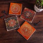 Pinecone Stone Desen, Sri Yantra, Mandala Taş Bardak Altlığı – 4’lü Set, 10x10 cm Dekoratif Masaüstü Koruyucu Doğaltaş Altlık |SC307|