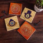Pinecone Stone Fatma Ana Eli (Hamsa), Nazar, Sri Yantra, Mandala Taş Bardak Altlığı – 4’lü Set, 10x10 cm Dekoratif Masaüstü Koruyucu Doğaltaş Altlık |SC305|