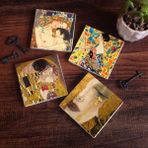 Pinecone Stone Gustav Klimt Yelpazeli Kadın, Altın Gözyaşları, Anne Çocuk, Öpücük Taş Bardak Altlığı – 4’lü Set, 10x10 cm Dekoratif Masaüstü Koruyucu Doğaltaş Altlık |SC204|