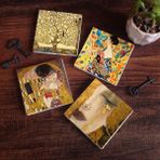 Pinecone Stone Gustav Klimt Yelpazeli Kadın, Altın Gözyaşları, Öpücük, Hayat Ağacı Taş Bardak Altlığı – 4’lü Set, 10x10 cm Dekoratif Masaüstü Koruyucu Doğaltaş Altlık |SC205|