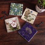 Pinecone Stone Hayat Ağacı, Kelebekli Çiçek Taş Bardak Altlığı – 4’lü Set, 10x10 cm Dekoratif Masaüstü Koruyucu Doğaltaş Altlık |SC486|