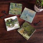 Pinecone Stone Monet Gül Çiçekli Kemer, Kırda Öğle Yemeği, İzlenim Gün Doğumu, Nilüfer Gölü Taş Bardak Altlığı – 4’lü Set, 10x10 cm Dekoratif Masaüstü Koruyucu Doğaltaş Altlık |SC530|