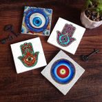 Pinecone Stone Nazar, Fatma Ana Eli (Hamsa) Taş Bardak Altlığı – 4’lü Set, 10x10 cm Dekoratif Masaüstü Koruyucu Doğaltaş Altlık |SC376|