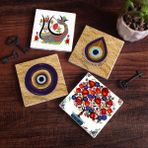 Pinecone Stone Nazar, Şahmeran, Nar Ağacı Taş Bardak Altlığı – 4’lü Set, 10x10 cm Dekoratif Masaüstü Koruyucu Doğaltaş Altlık |SC524|