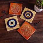 Pinecone Stone Nazar, Sri Yantra, Mandala Taş Bardak Altlığı – 4’lü Set, 10x10 cm Dekoratif Masaüstü Koruyucu Doğaltaş Altlık |SC302|
