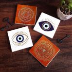 Pinecone Stone Nazar, Sri Yantra, Mandala Taş Bardak Altlığı – 4’lü Set, 10x10 cm Dekoratif Masaüstü Koruyucu Doğaltaş Altlık |SC303|