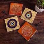 Pinecone Stone Nazar, Sri Yantra, Mandala Taş Bardak Altlığı – 4’lü Set, 10x10 cm Dekoratif Masaüstü Koruyucu Doğaltaş Altlık |SC521|