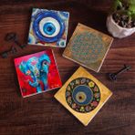 Pinecone Stone Nazar, Yaşam Çiçeği, Fil Taş Bardak Altlığı – 4’lü Set, 10x10 cm Dekoratif Masaüstü Koruyucu Doğaltaş Altlık |SC477|