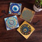 Pinecone Stone Nazar, Yaşam Çiçeği, Mandala Taş Bardak Altlığı – 4’lü Set, 10x10 cm Dekoratif Masaüstü Koruyucu Doğaltaş Altlık |SC478|
