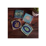 Pinecone Stone Nazar, Yaşam Çiçeği, Tavus Kuşu Taş Bardak Altlığı Seti - 4 Parça - Dekoratif, Rustik Mutfak Aksesuarı, 10x10 cm, Kaydırmaz Tabanlı, Şık ve Dayanıklı SC156