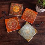Pinecone Stone Sri Yantra, Mandala Taş Bardak Altlığı – 4’lü Set, 10x10 cm Dekoratif Masaüstü Koruyucu Doğaltaş Altlık |SC181|