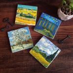Pinecone Stone Van Gogh Buğday Tarlası, Şeftali Ağacı, Hasat Manzarası, Ren Nehri’nde Bir Gece Taş Bardak Altlığı – 4’lü Set, 10x10 cm Dekoratif Masaüstü Koruyucu Doğaltaş Altlık |SC267|