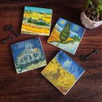 Pinecone Stone Van Gogh Hasat Manzarası, Yıldızlı Yol, Buğday Tarlası ve Kargalar, Kilise Taş Bardak Altlığı – 4’lü Set, 10x10 cm Dekoratif Masaüstü Koruyucu Doğaltaş Altlık |SC225|