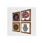 Pinecone Tavus Kuşu, Nazar, Nar Ağacı, Fatma Ana Eli (Hamsa) Taş Duvar Tablosu - Ahşap Çerçeveli Taş Tablo - 25x25 cm - 4 Parça Set - Dekoratif Duvar Sanatı - Modern Ev ve Ofis Duvar Dekoru W4-977